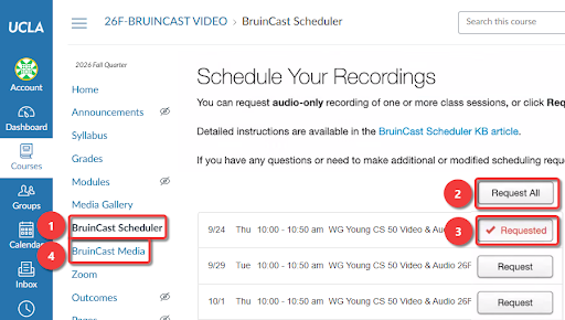 Recording schedule webpage with highlighted request buttons.