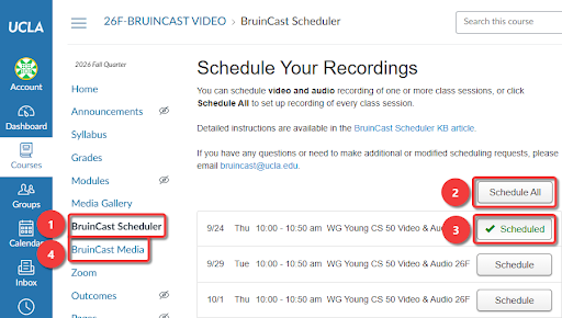 Dashboard interface for scheduling recordings with buttons and menu options highlighted.