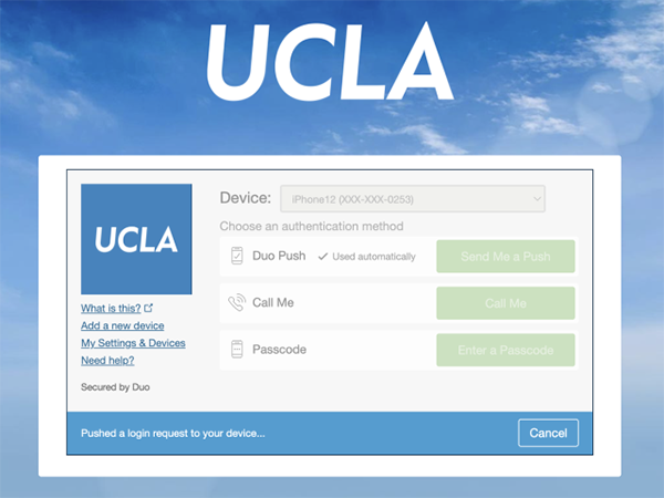 Screenshot of the current DUO prompt for UCLA. Prompts to select device, choose an authentication method, and shows banner "pushed a login request to your device"