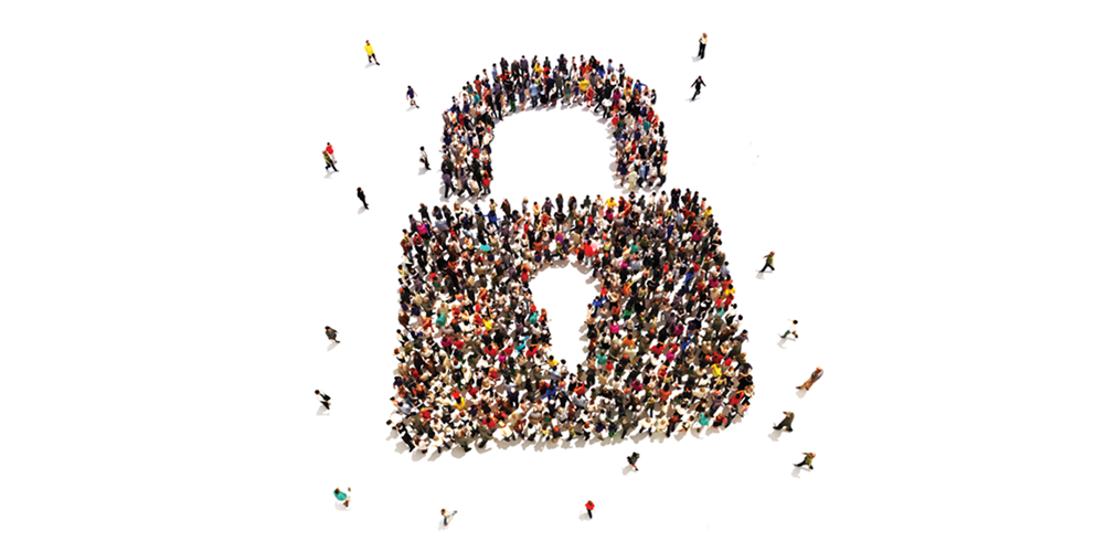 People standing to form the shape of a lock