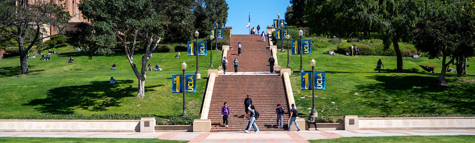 Janss Steps with people surrounded by green lawns and trees.