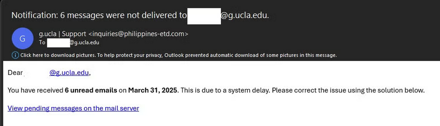 Phishing email regarding 6 messages.
