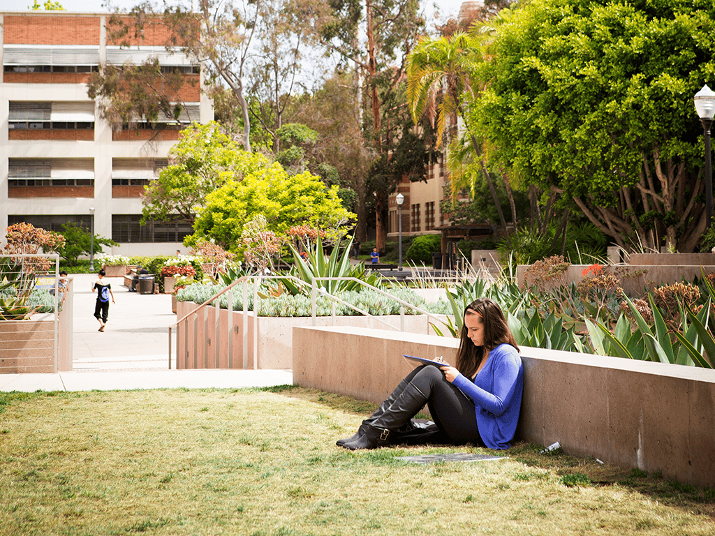 UCLA student studying on the grass